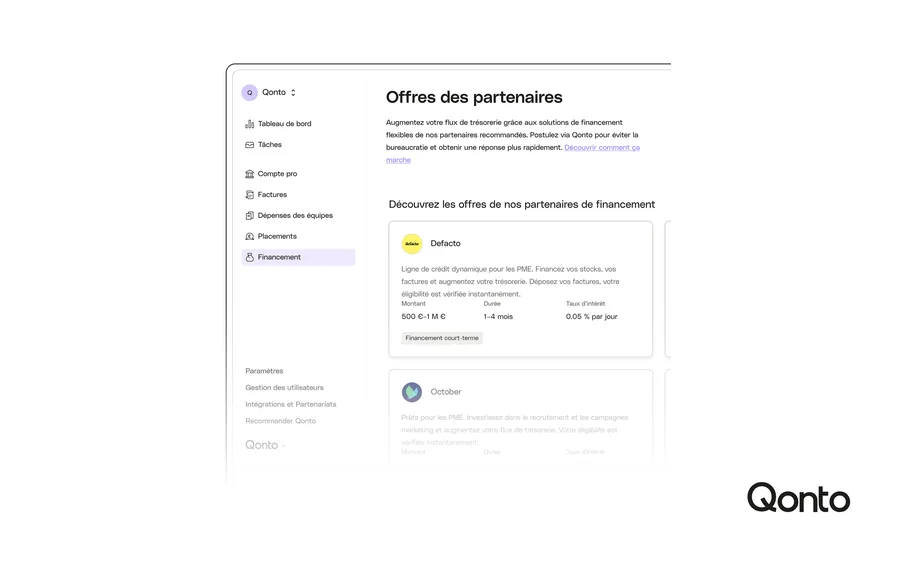 Financement — offres partenaires dans Qonto